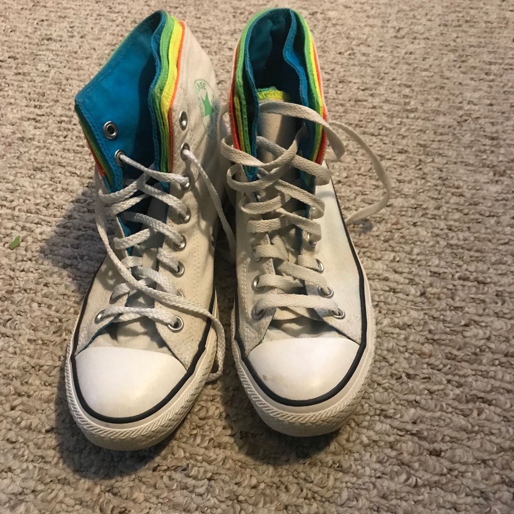 White/ multi-colored converse high tops, size W9